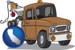 california map icon and an automobile tow truck