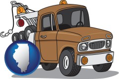 illinois map icon and an automobile tow truck