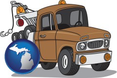 michigan map icon and an automobile tow truck
