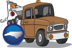 north-carolina map icon and an automobile tow truck