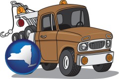 new-york map icon and an automobile tow truck