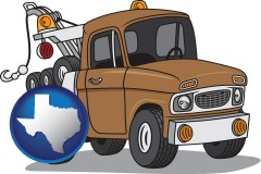 texas map icon and an automobile tow truck