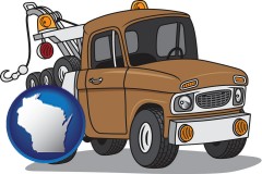 wisconsin map icon and an automobile tow truck